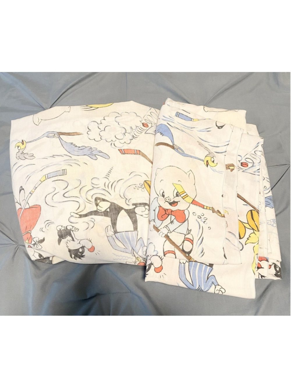 Vintage 1980 Looney Tunes Hockey Twin Sheet Set Esmond Bugs Bunny Warner Bros